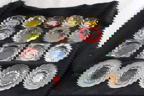 17 Vintage Glass Advertising Ashtrays: 17 Vintage Glass Advertising Ashtrays - Advertising includes: Gulf Oil, Restaurants, Motels, Fisherman's Wharf Grotto, 1953 Silver Anniversary Gaines, Locker Plant, Motels, 1960 Alumni Reunion Muhlenb