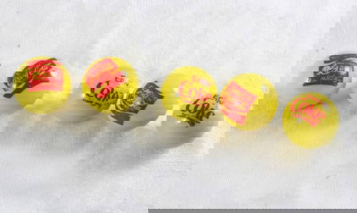 5 Coca Cola Advertising Marbles- swirl glow glass: 5 Coca Cola Advertising Marbles- swirl glow glass - Yellow with Red Lettering Shooter Marbles. As pictured. Please ask questions and read terms & conditions before bidding.