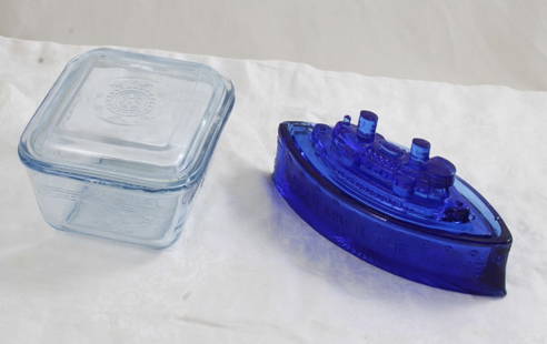 Cobalt Ship Candy Jar, Fire King Refrigerator Jar: Cobalt Ship Candy Jar, Fire King Refrigerator Jar - Cobalt Glass "REMEMBER THE MAINE" Ship Figural Candy Jar with Lid no chips or cracks, & Fire King Sapphire Refrigerator Jar 5" x 5" (Has a small chi