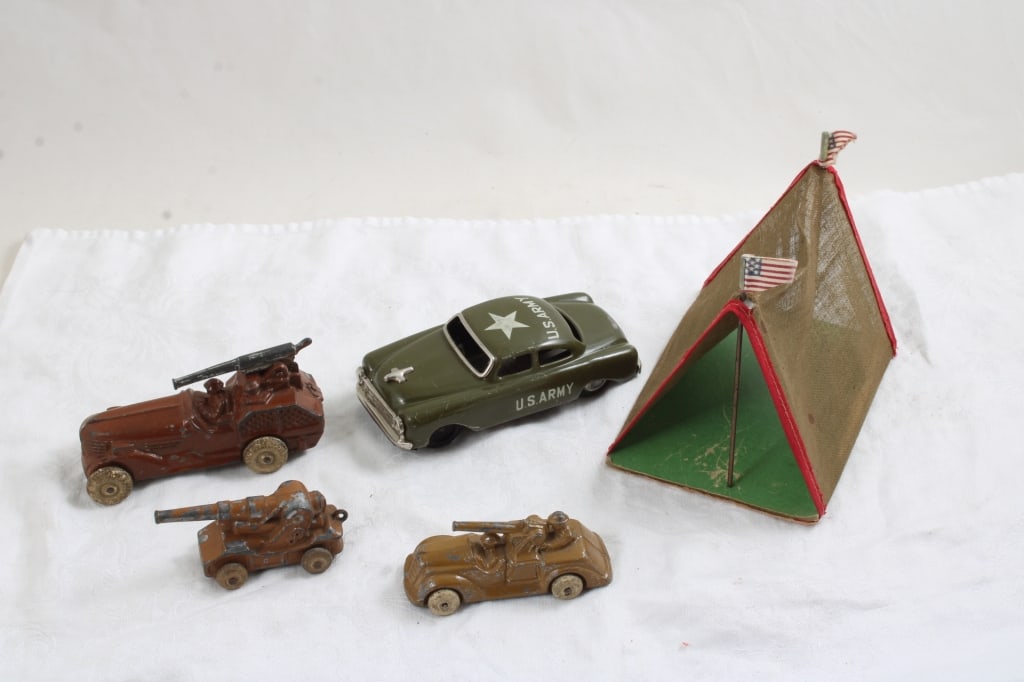 Barclay Military Cannons, Tent, Army Car: Barclay Military Cannons, Tent, Army Car - Barclay or Manoil Military Cannons that measure 2 1/4", 3 1/4" & 4 1/4", U S Army Tin Friction Military Car 5" Long works & Cloth Tent with 2 Flags. All as p
