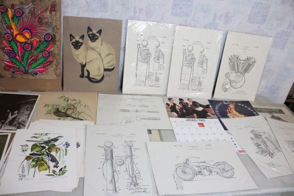 Mexican Bark Paper Folk Art Painting & More: Mexican Bark Paper Folk Art Painting & More - Coke Calendars, Bird Prints, Prints of Patent Drawings (Harley, & Davidson & Smith & Wesson). The Mexican Folk Art Painting Glows under a black light. All