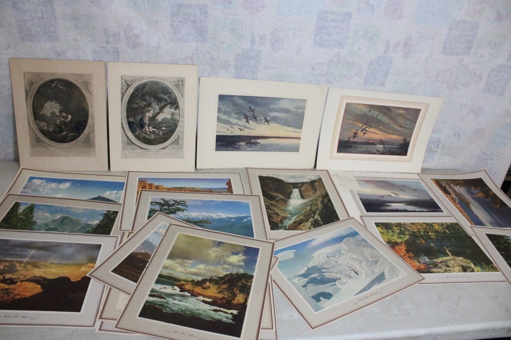 20+ Chevron/Standard Oil 1940's USA Scenic Prints: 20+ Chevron/Standard Oil 1940's USA Scenic Prints - Chevron Scenic USA Prints measure 15.5" x 12.5", 3 Wildlife Prints on Rag Paper measure 17" x 12.5", L'Depart Du Courier L' Arrivee du Courrier (2) 