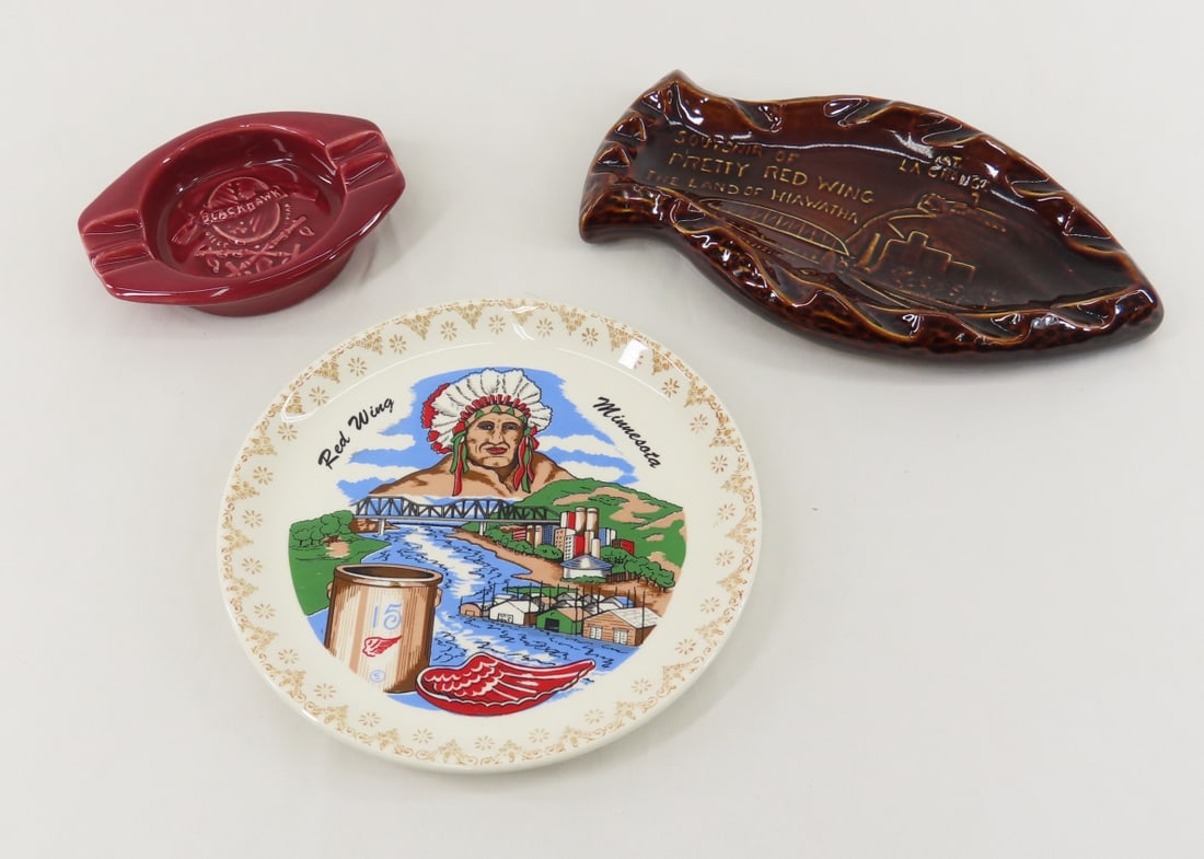 Red Wing Blackhawk Ashtray & 2 Souvenir Dishes: Red Wing Blackhawk Ashtray & 2 Souvenir Dishes - Land of Hiawatha Fish Dish Please ask questions and read terms & conditions before bidding.