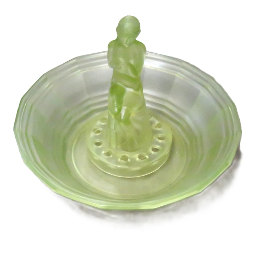 Sowerby Uranium Satin Glass Flower Frog & Bowl: Sowerby Uranium Satin Glass Flower Frog & Bowl - 9" figure and 12" bowl, excellent condition Please ask questions and read terms & conditions before bidding.