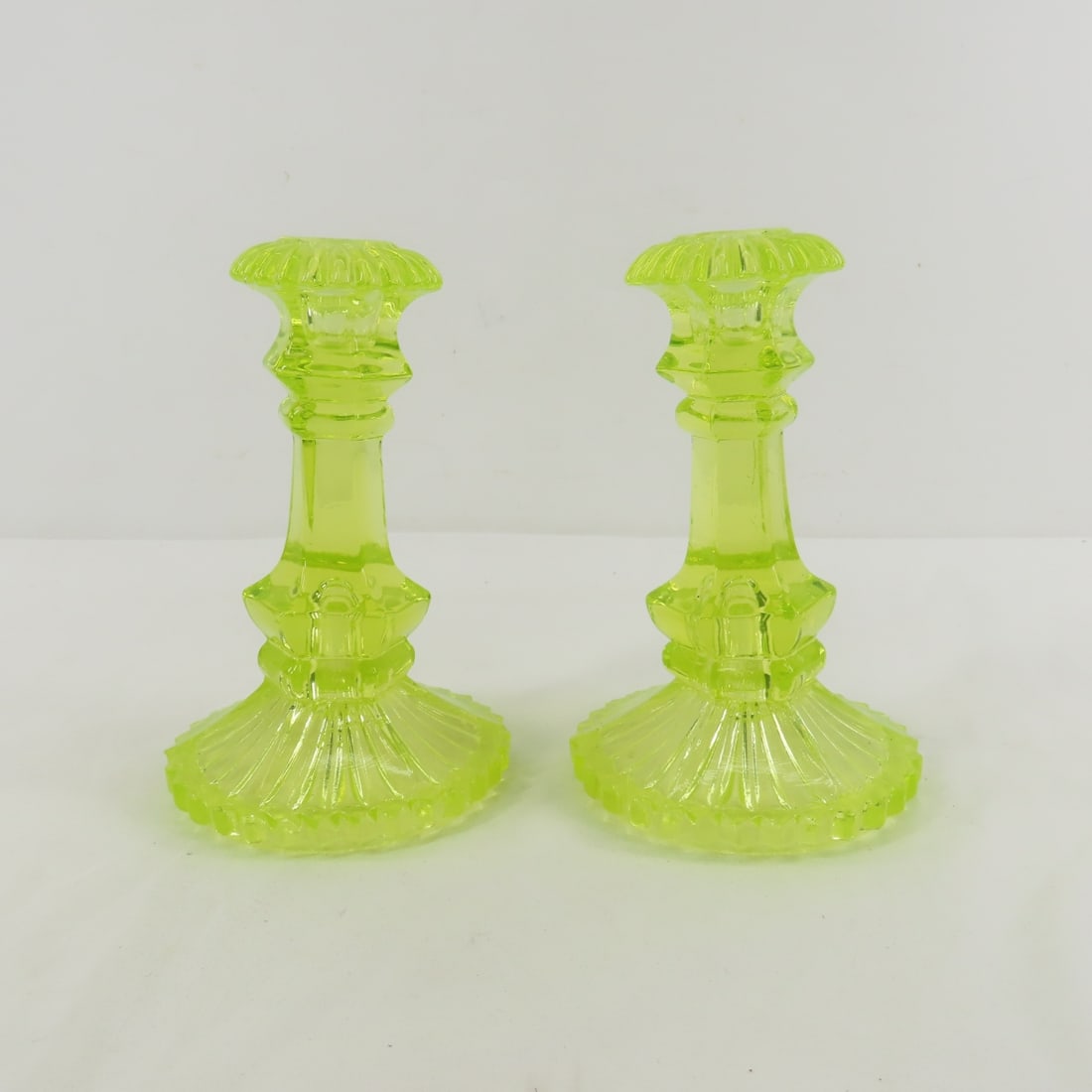 Pair of Vintage Vaseline Glass Candlesticks 6.75" (1 of 12)