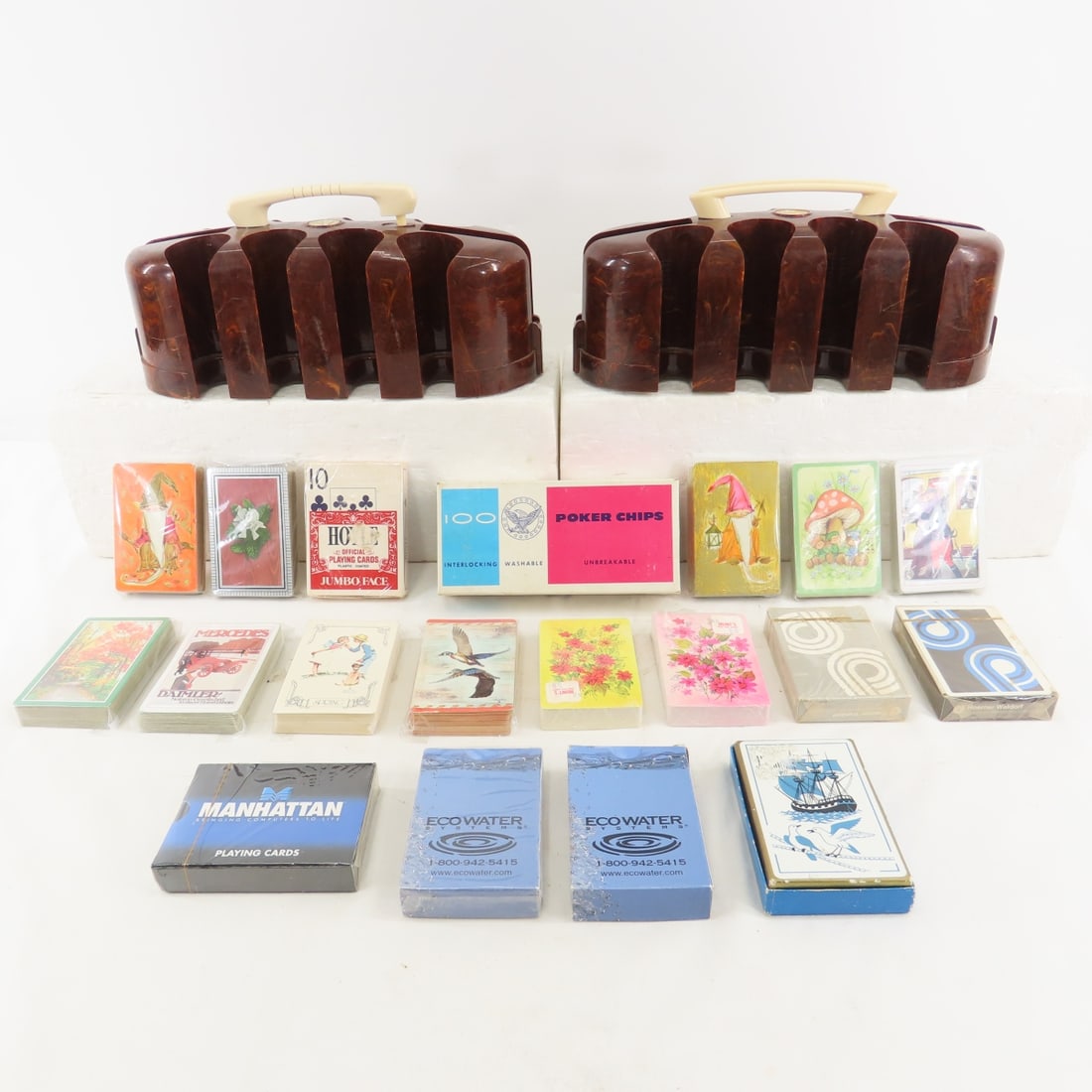 Complete Card Decks & 2 Bakelite Chip Holders: Complete Card Decks & 2 Bakelite Chip Holders - Please ask questions and read terms & conditions before bidding.