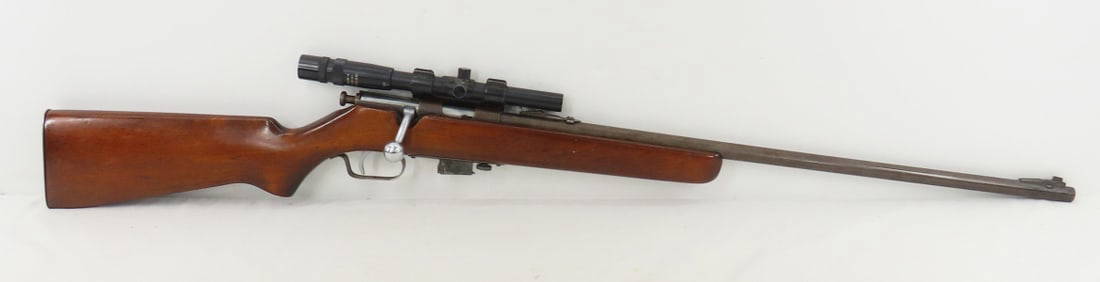 Mossberg Mod 42 Bolt Action .22 SLLR Rifle & Scope: Mossberg Mod 42 Bolt Action .22 SLLR Rifle & Scope - no serial number, manufactured 1936-1941. 24" barrel, with front blade and rear sight, 1 magazine, wood stock with pistol grip and metal butt