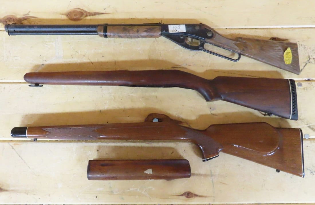 2 Unmarked Rifle Stocks & Daisy Model 111 BB Gun: 2 Unmarked Rifle Stocks & Daisy Model 111 BB Gun - BB Gun Has Compression but Weak. 1st stock is high gloss with checkered wood & pistol grip, overall 31", trigger guard between screws is 6.5". Extra