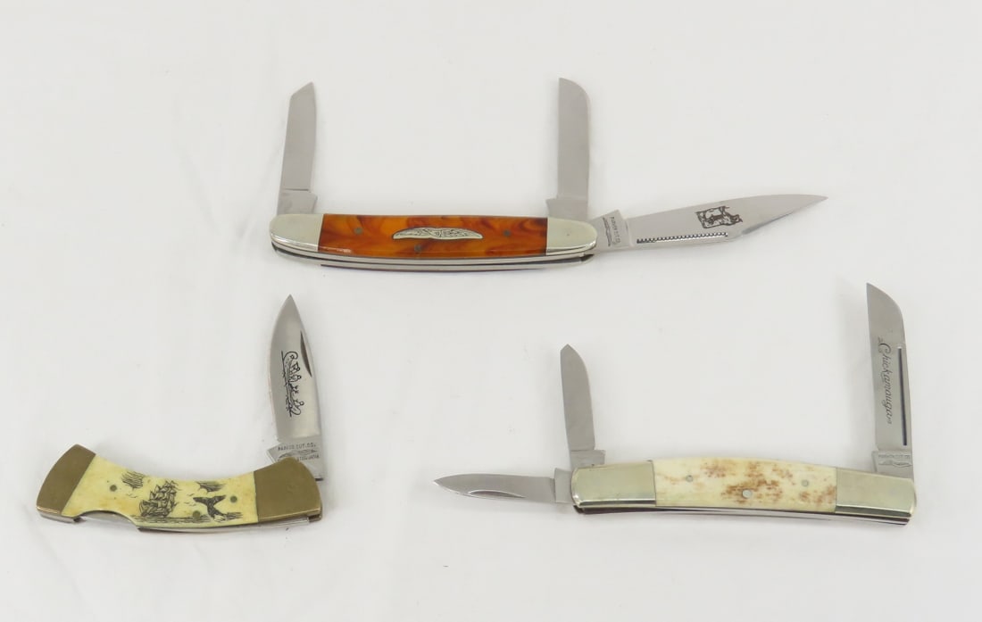 3 Parker Pocket Knives, Lockback Scrimshaw, Brahma: 3 Parker Pocket Knives, Lockback Scrimshaw, Brahma - 3 Blade Chickamauga Please ask questions and read terms & conditions before bidding.