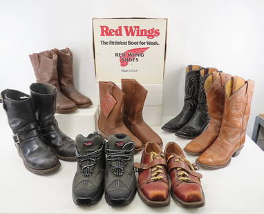 Vintage Red Wing & Cowboy Boots, Leather Shoes: Vintage Red Wing & Cowboy Boots, Leather Shoes - hiking boots- all men's size 8.5 Please ask questions and read terms & conditions before bidding.