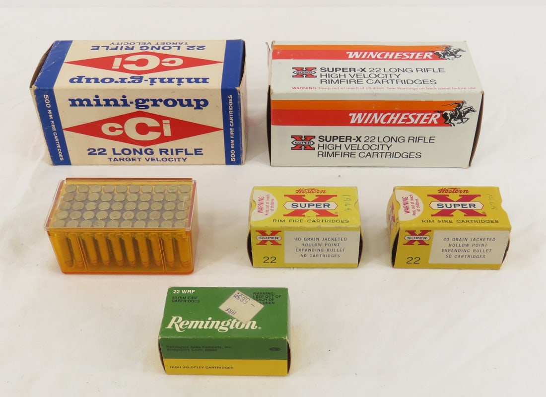1070+ Rounds Assorted .22 Ammunition: 1070+ Rounds Assorted .22 Ammunition - 1) 500rds CCI 22LR mini group target. 2) 450rds Winchester 22LR high velocity. 3) 50 rounds CCI 22WMR. 4) 50+ rounds (2 boxes) Western Super X .22 MMRF JHP. 5) 2