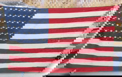 48 Star US Flag - Sewn Stars: 48 Star US Flag - Sewn Stars - 88" x 48", some stains and wear Please ask questions and read terms & conditions before bidding.
