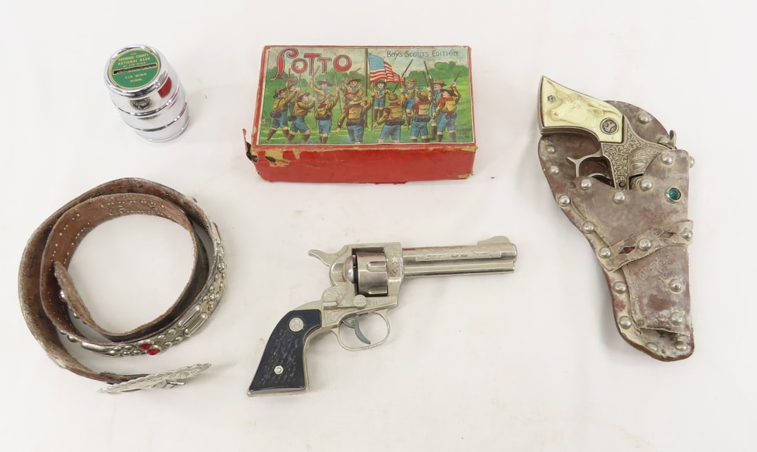 Texan Jr & Stallion Cap Guns and More: Texan Jr & Stallion Cap Guns and More - Boy Scouts Edition Lotto in box Please ask questions and read terms & conditions before bidding.