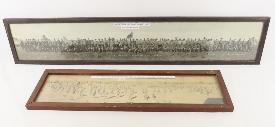 2 1916 MN National Guard Photos: 2 1916 MN National Guard Photos - Battery F 1st Field Artillery MNG June6, 1916 framed 42.75 x 8.5", and 3rd MN National Guard at Camp Wilson (damaged) framed 28 x 8" - Please ask questions and read t