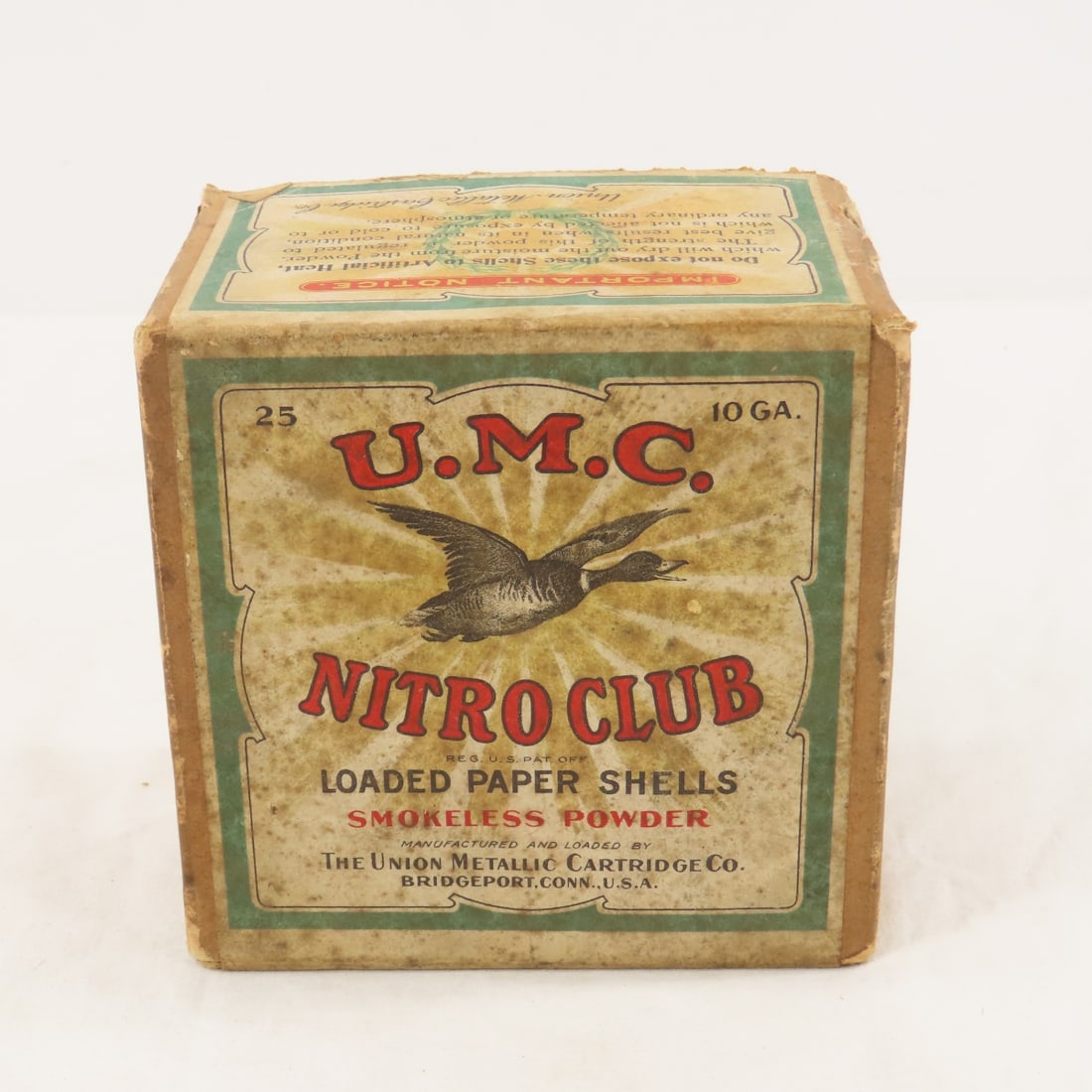 Vintage UMC Nitro club 10 GA paper Shell box: Vintage UMC Nitro club 10 GA paper Shell box - with some ammunition, not all matches, and not all is complete. All have the paper shells, some Peters. Some is the umc Nitro see photos. Please ask ques