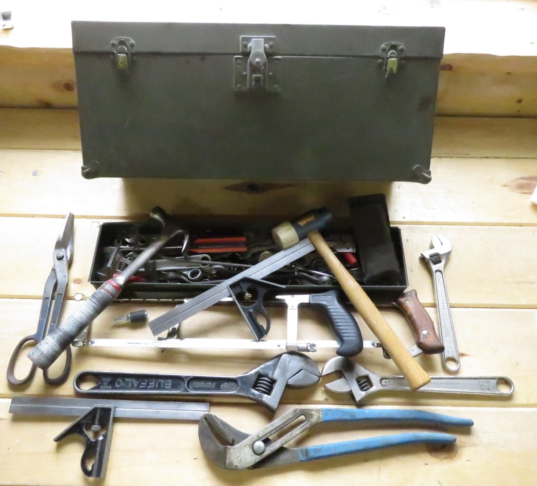 Vintage Tool Box with Vintage Tools: Vintage Tool Box with Vintage Tools - Crescent Wrenches, Hammers, Hacksaws, Various Open End Wrenches and More Please ask questions and read terms & conditions before bidding.