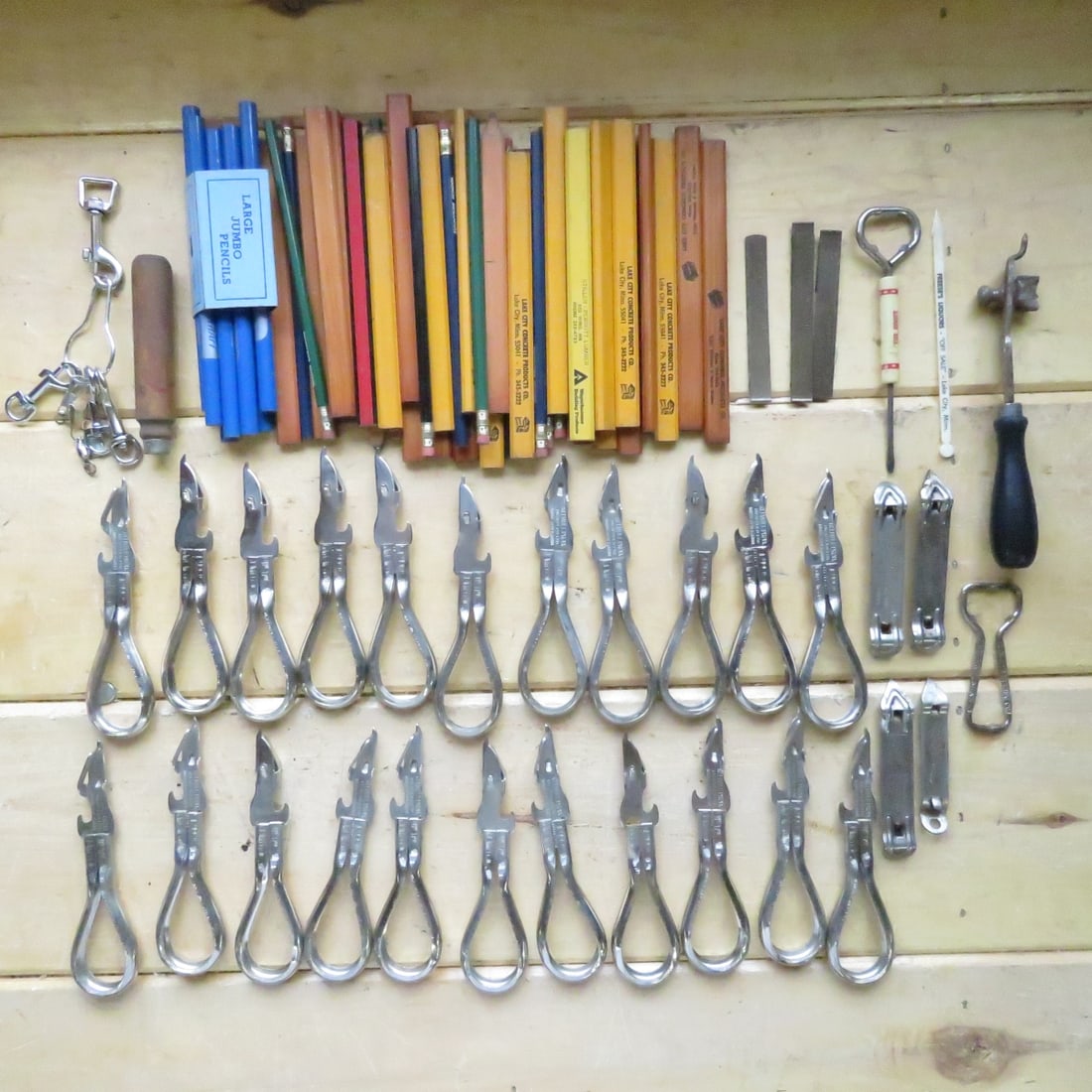 Vintage Can Openers & Carpenter Pencils: Vintage Can Openers & Carpenter Pencils - Schmidt Beer, Hamm's Beer, Leinenkugel's Beer, The Roost Red Wing MN, Most Pencils are from Lake City Concrete Products Co Please ask questions and read terms