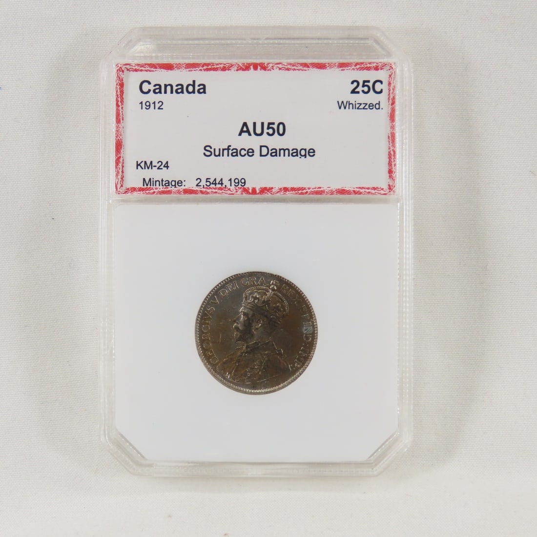 1912 Canadian 25 cent PCI AU50 Surface Damage: 1912 Canadian 25 cent PCI AU50 Surface Damage - Please ask questions & read terms and conditions before bidding.