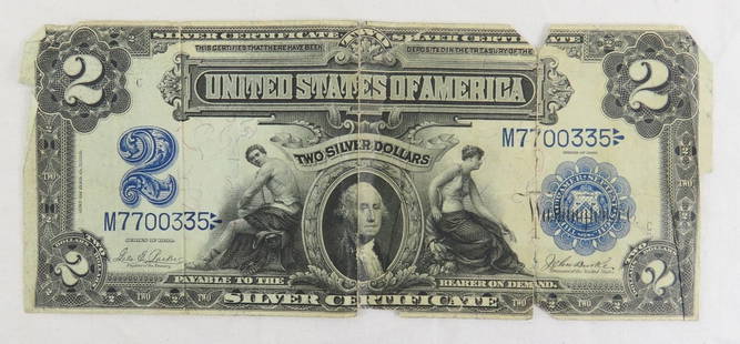 1899 $2 Silver Certificate Large Note - Torn: 1899 $2 Silver Certificate Large Note - Torn - Please ask questions & read terms and conditions before bidding.