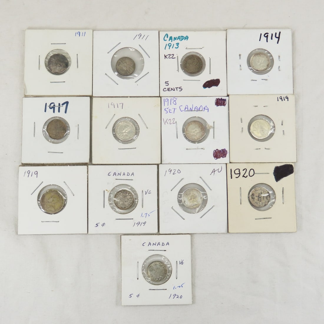 13 Canadian 5 cent Silver coins 1911-1920 (1 of 15)