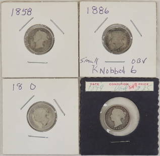 4 Canadian Silver Dimes 1858-1899: 4 Canadian Silver Dimes 1858-1899 - 1858, 1886 small 6, 1899. UnreadablePlease ask questions & read terms and conditions before bidding.