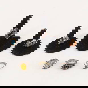 Valerio Baltic Amber & 4 Sterling Rings 18.4 grams: Valerio Baltic Amber & 4 Sterling Rings 18.4 grams - size 9 1/4 Valerio triple Baltic Amber, size 8 amber, size 8 3 stone garnet, size 7 1/2 garnet, size 8 3/4 dark red Iolite?, size 8 blue glass Plea