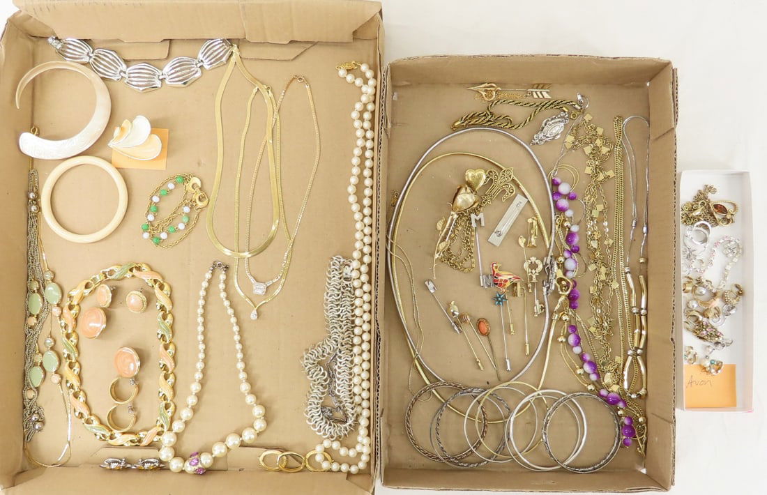 Vintage Avon, BSK, Liz Claiborne & Other Jewelry: Vintage Avon, BSK, Liz Claiborne & Other Jewelry - 2 skinny stretch belts, stick pins, bangles, necklaces, and more Please ask questions and read terms & conditions before bidding.