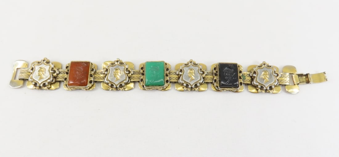 Unsigned Florenza Soldier Intaglio Panel Bracelet: Unsigned Florenza Soldier Intaglio Panel Bracelet - 3 color glass intaglio panels and 4 gold tone shields alternate 7 1/4" Please ask questions and read terms & conditions before bidding.