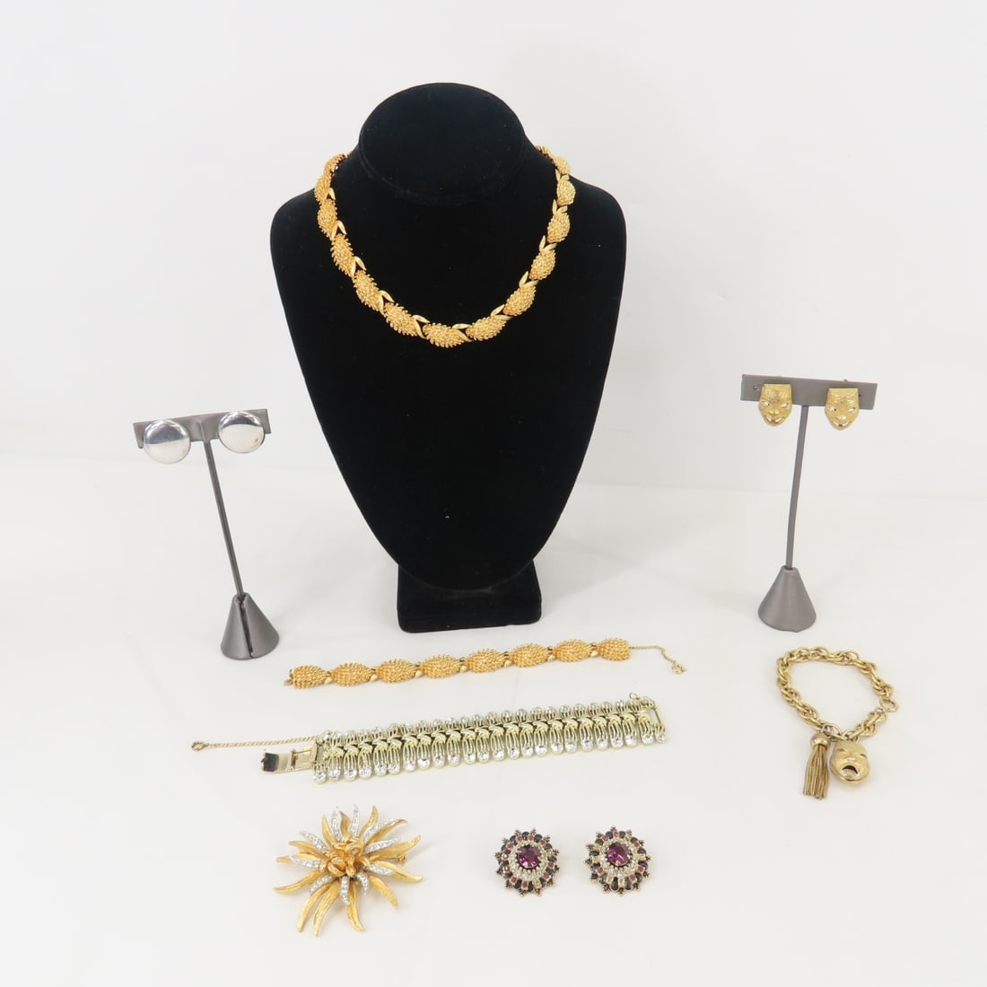 Coro & Other Vintage Jewelry: Coro & Other Vintage Jewelry - Coro earrings, 3 brooches & bracelet. unsigned theater comedy & tragedy bracelet & earring set-possibly Moschino, unsigned necklace and bracelet set Please ask questions