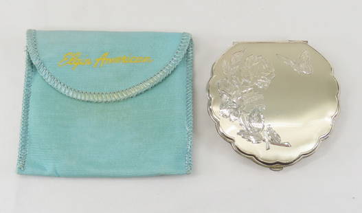 Sterling Silver Elgin Powder Compact with Sleeve: Sterling Silver Elgin Powder Compact with Sleeve - shell shape with butterfly and floral engraving Please ask questions and read terms & conditions before bidding.
