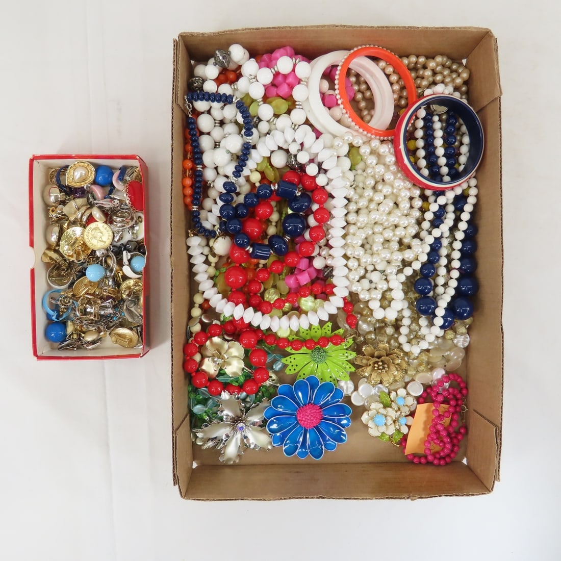 Vintage Clip Earrings, Brooches & Necklaces: Vintage Clip Earrings, Brooches & Necklaces - hot pink metal bead necklace signed oops a daisy, enamel & metal brooches, vibrant color beads and faux pearls, bangle bracelets, 40+ pair matched clip ea