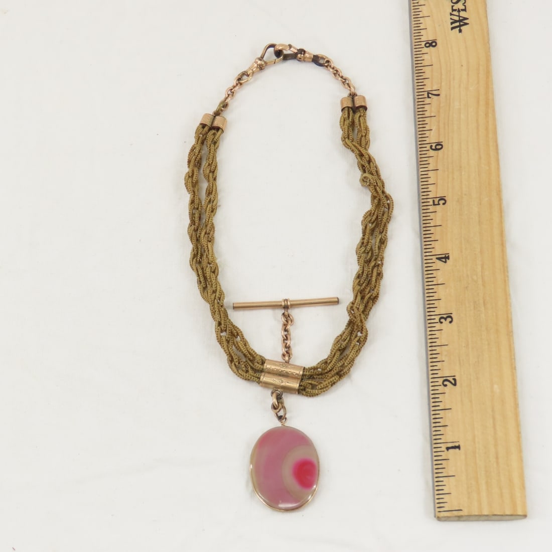 Victorian Blonde Braided Hair Fob with Agate Fob: Victorian Blonde Braided Hair Fob with Agate Fob - double braided hair 11" watch chain with unmarked debossed hardware and 1 1/4" pink agate fob Please ask questions and read terms & conditions before