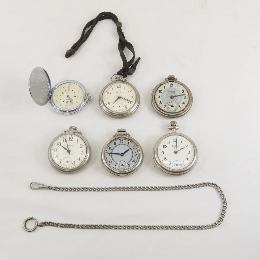 Braille & 5 Other Vintage Pocket Watches: Braille & 5 Other Vintage Pocket Watches - AFB Braille by Gotham - missing crystal, Bullseye missing crystal, Bullseye missing second hand, Westclox DAX missing bow, Westclox Scotty, Ingersoll Buck mi