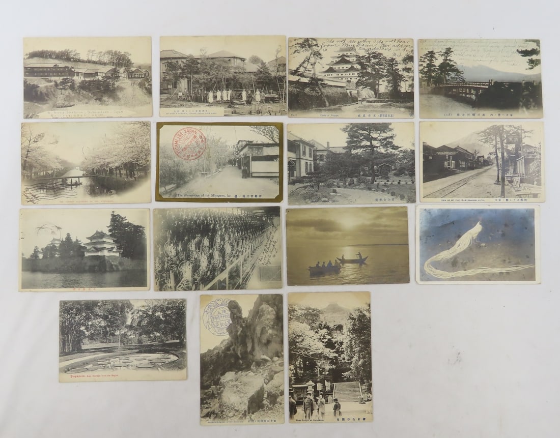 15 Vintage Japanese RPPC Postcards, all posted: 15 Vintage Japanese RPPC Postcards, all posted - All to the same person in MN, 1 is Singapore, earliest postmark I could read was 1910 Please ask questions and read terms & conditions before bidding.