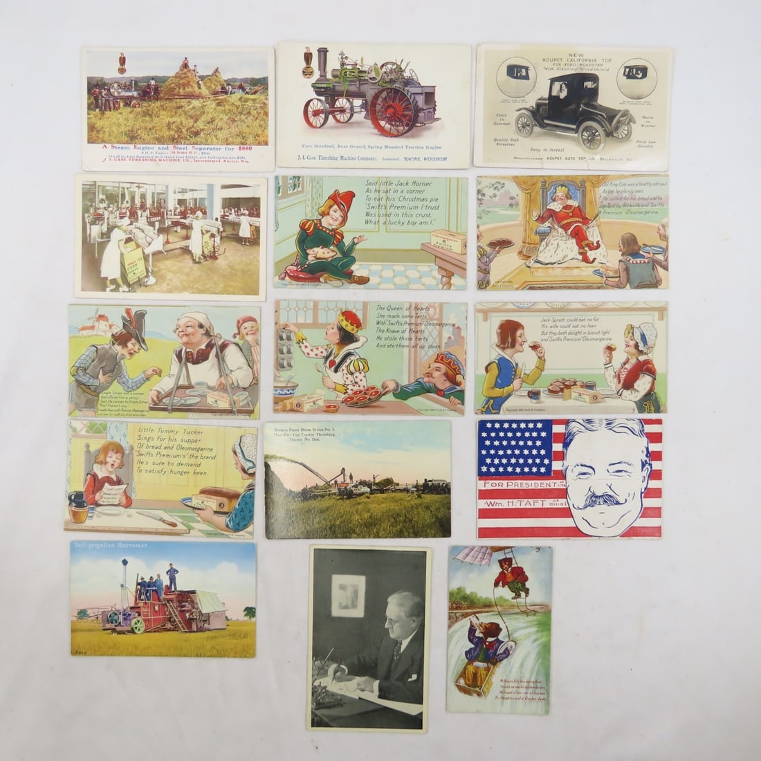 15 Vintage Advertising Postcards; Swift Premium: 15 Vintage Advertising Postcards; Swift Premium - Cracker Jacks, Taft sample postcard, Benning Motors, J. I. Case, Kellogg's & more Please ask questions and read terms & conditions before bidding.