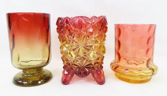 3 Hobbs & Brockunier Amberina Toothpick Holders: 3 Hobbs & Brockunier Amberina Toothpick Holders - EAPG buttons & daisy and 2 hand blown thumbprint- 1 with pedestal base, no damage Please ask questions and read terms & conditions before bidding.