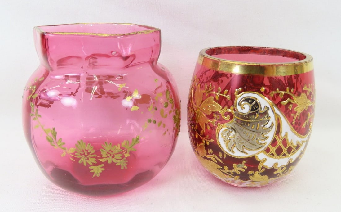 Antique Bohemian & Mosser Style Toothpick Holders: Antique Bohemian & Mosser Style Toothpick Holders - Czech piece is marked "von Guselsberg" (spelling?) Please ask questions and read terms & conditions before bidding.