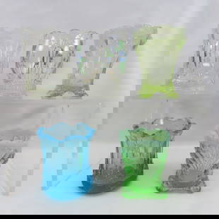 5 Jefferson Glass Co Toothpick Holders: 5 Jefferson Glass Co Toothpick Holders - Vaseline canary opalescent with swags (Glows), green opalescent - Tokyo, ribbed drape with hand painted flowers, blue opalescent - Colonial, opalescent- Iris w