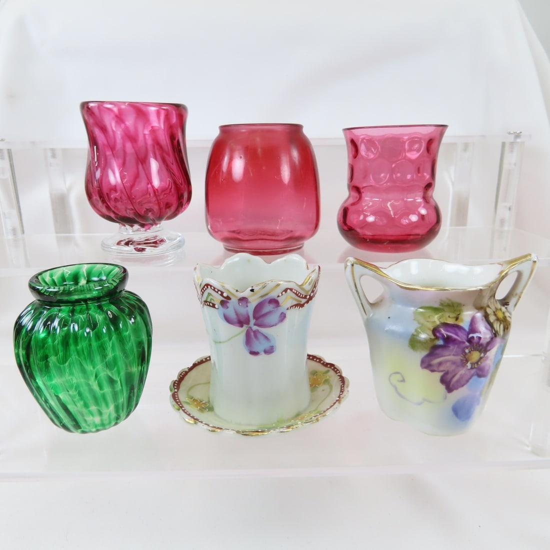 2 NTHCS Commemoratives & 4 other Toothpick Holders: 2 NTHCS Commemoratives & 4 other Toothpick Holders - 1989 NTHCS cranberry swirl pedestal signed Boyer, 1999 NTHCS green banded signed, cranberry thumbprint, cranberry possible by Beaumont, and 2 porce