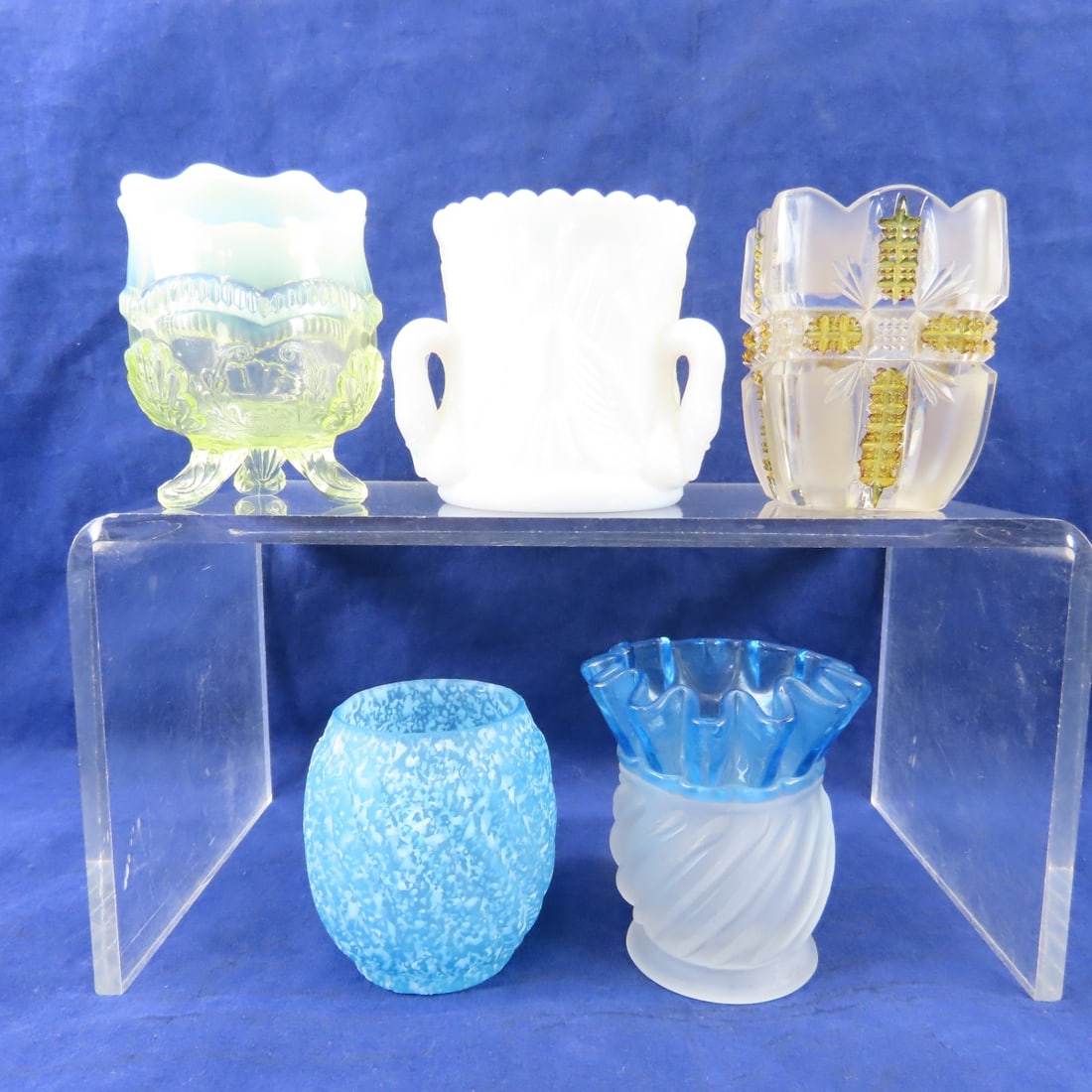 Westmoreland, Dalzell & Other Toothpick Holders: Westmoreland, Dalzell & Other Toothpick Holders - Westmoreland -milk glass swan, Boston & Sandwich glass- reverse swirl frit in blue, Aetna Glass -Gonterman swirl with blue ruffle, Dalzell, Gilmore &