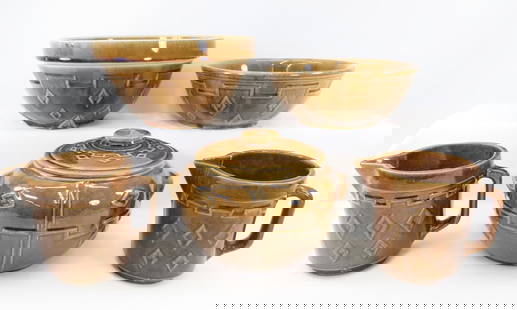 Brown Glaze Stoneware Bowls, Pitchers & Bean Pot: Brown Glaze Stoneware Bowls, Pitchers & Bean Pot - unmarked- 2 5" pitchers, 9" mixing bowl has chip, 9" serving bowl and bean pot with lid Please ask questions and read terms & conditions before biddi