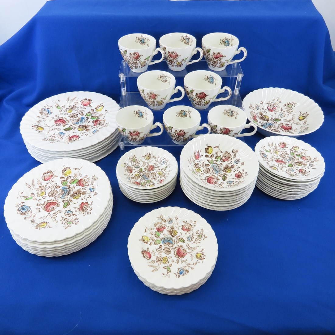 64 Pieces Staffordshire Bouquet Dinnerware: 64 Pieces Staffordshire Bouquet Dinnerware - Johnson Brothers LTD Staffordshire Bouquet -- (8) 10" Plates, (9) 8" Plates, (8) 6.5" Plates, (13) 5.5" Saucers, (1) 8" Bowl, (9) 6" Bowls, (8) 5" Bowls, (