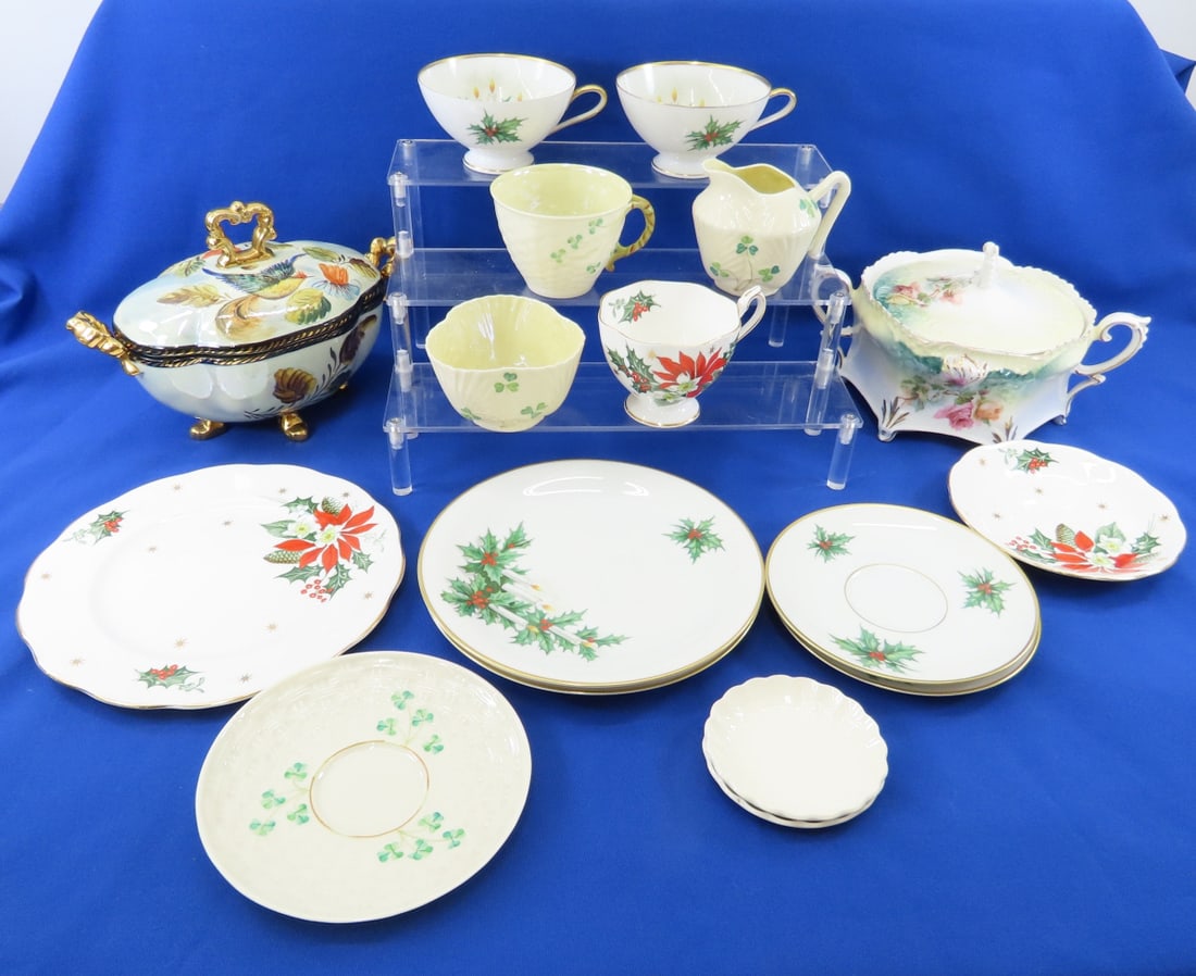 17 Piece Various Dinnerware, Bone China & More: 17 Piece Various Dinnerware, Bone China & More - H. Bequet Quaregnon Covered Bowl, RS Prussia Covered Bowl, (2) Tirschenreuth Cups, Bavaria Germany, (2) 7.5" Tirschenreuth Plates, (2) 6" Tirschenreuth