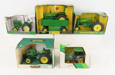 5 John Deere Die Cast Tractors, Ertl & More: 5 John Deere Die Cast Tractors, Ertl & More - All 1/16 Scale, All in Boxes - Ertl 950 Tractor with Barge Wagon #15539 - Ertl Model A #539, 2x Spec-Cast "LA" Tractor #JDM-173, Ertl Utility Tractor #551