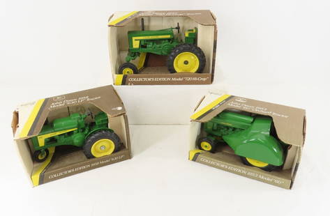 3 Ertl 1/16 Scale John Deere Tractors in Boxes: 3 Ertl 1/16 Scale John Deere Tractors in Boxes - 1953 Model 60 Orchard Tractor, 1957 Model 720 Hi-Crop Tractor, 1958 Model 630 LP Tractor Please ask questions and read terms & conditions before biddin