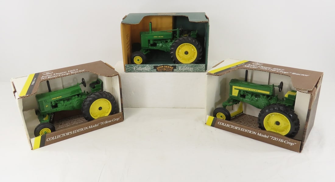 3 Ertl John Deere Tractors, Models G, 720 & More: 3 Ertl John Deere Tractors, Models G, 720 & More - All In Boxes, All 1/16 Scale - Wide Front Model G, 1953 70 Row Crop Tractor, Model 720 Hi-Crop Tractor Please ask questions and read terms & conditio