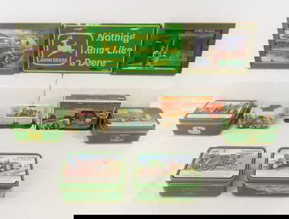 10 1/64 Scale John Deere Die Cast Tractors & More: 10 1/64 Scale John Deere Die Cast Tractors & More - 8x John Deere Classic Collection Tractors in Tins, Ertl Harvest Heritage John Deere 7800 Tractor & Trading Cards in Box, Ertl John Deere Model A wit
