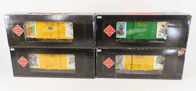 4 Aristo G Scale Norman Rockwell Train Cars in Box: 4 Aristo G Scale Norman Rockwell Train Cars in Box - Aristo Craft 46038-1, 46038-2, 46038-3, 46038-4, G Scale Norman Rockwell Box Cars, worn Open Boxes Please ask questions and read terms & conditions