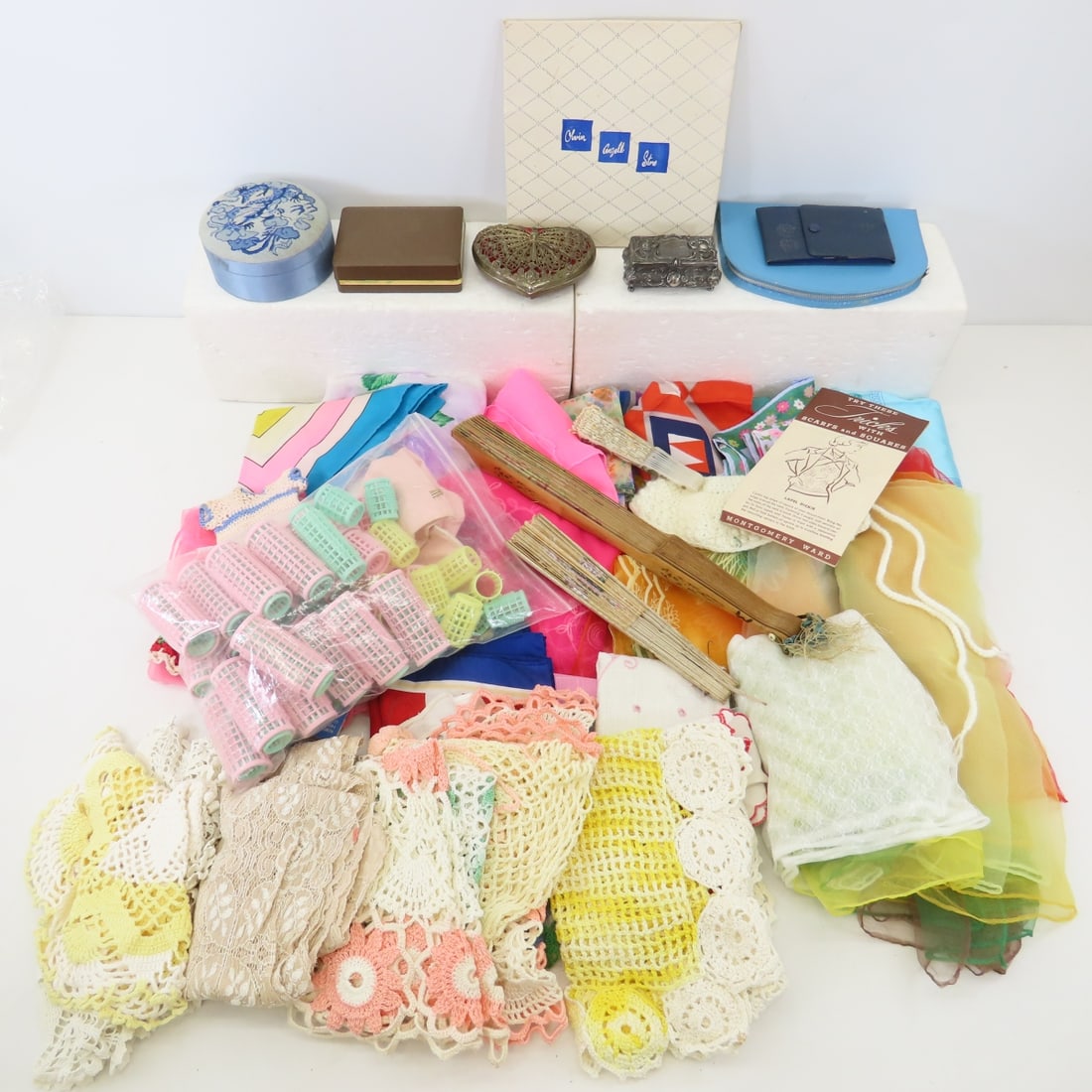 Vintage Scarves, Crochet Doilies, Fans & More: Vintage Scarves, Crochet Doilies, Fans & More - curlers, trinket boxes, baby outfit, manicure sets Please ask questions and read terms & conditions before bidding.