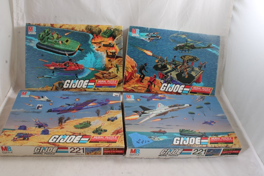 4 Milton Bradley 1985 G I Joe Mural Puzzle Battles: 4 Milton Bradley 1985 G I Joe Mural Puzzle Battles - Puzzles 1, 2, 3, & 4. Puzzle #2 is missing bottom 2nd to the end piece per seller. All the rest appear complete. As pictured. Please ask questions